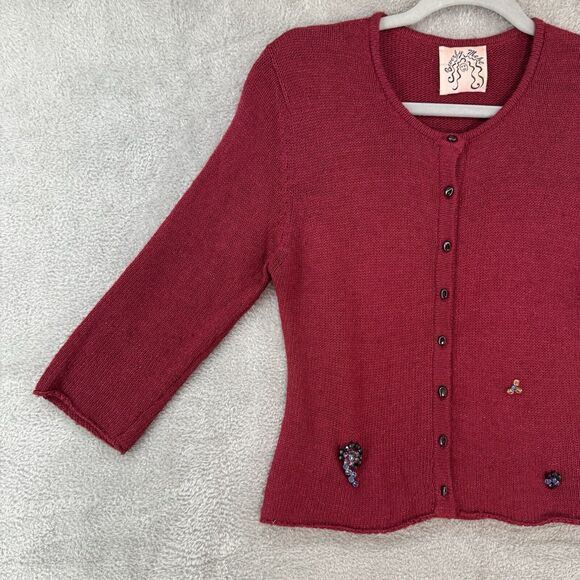 Beverly Mehe Sweater S Red Silk Knit Cardigan Button Front 3/4 Sleeve Rhinestone - Picture 5 of 14